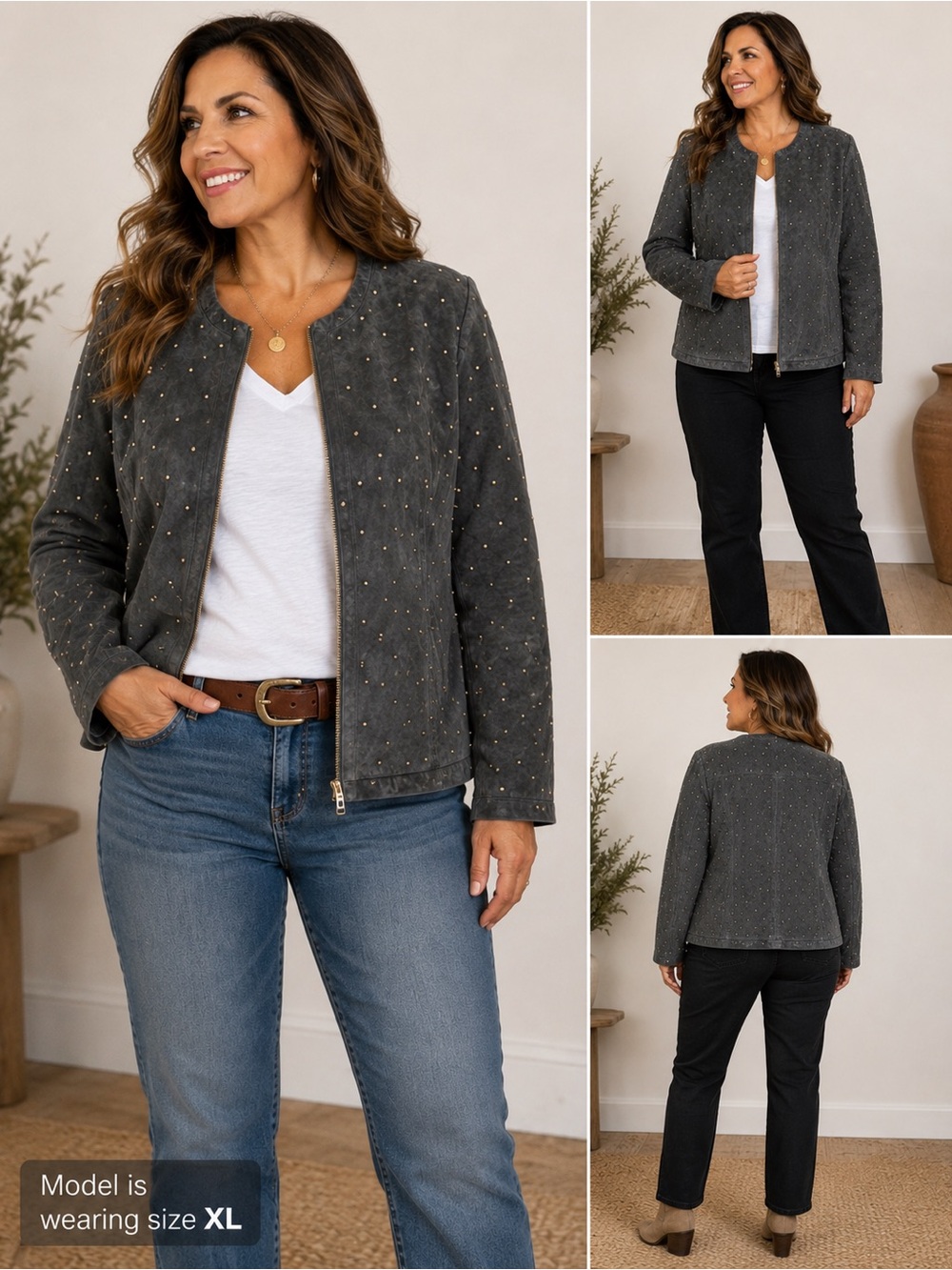 Linea by Louis Dell’Olio Women’s XL Gray Genuine Leather Studded Zip Jacket